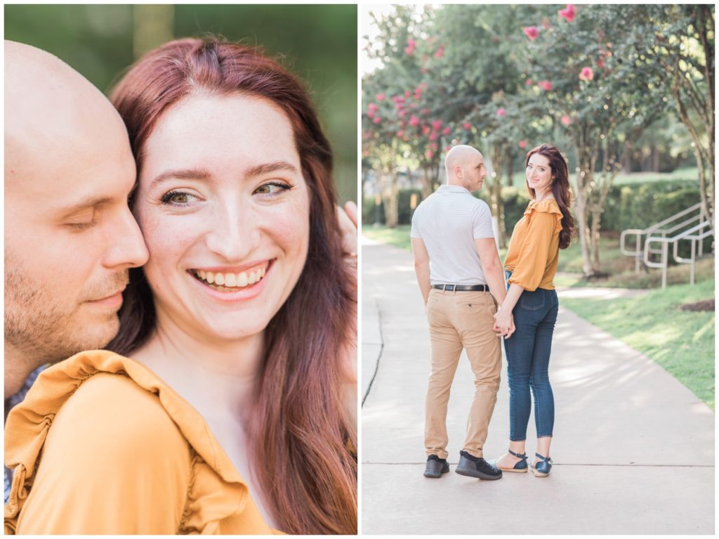 engaged couple at the woodlands waterway
