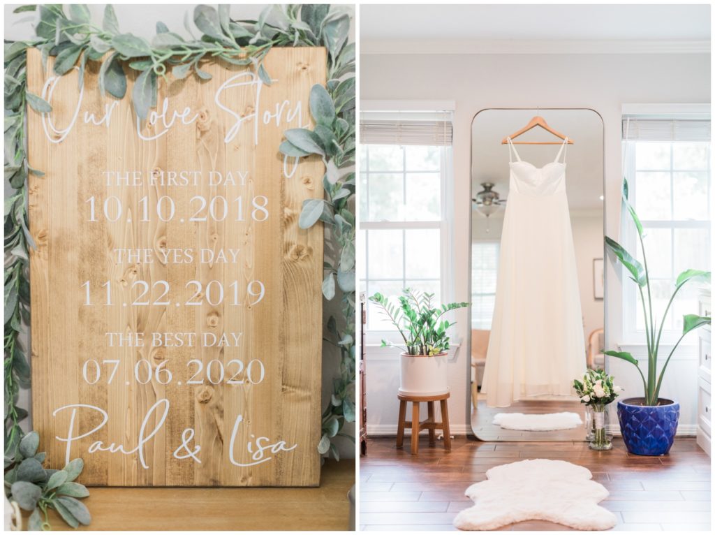 Wooden wedding sign and wedding dress