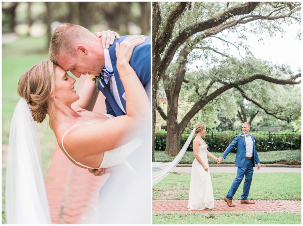 Elopement in Houston - two images side by side with the bride dipping the groom and walking with her