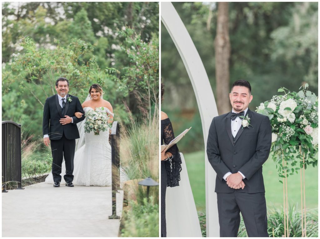 Bride walking down the aisle next to a photo of her groom smiling with joy