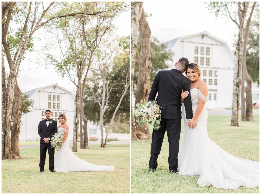 Barn wedding in Texas - portraits of the bride and groom under the trees