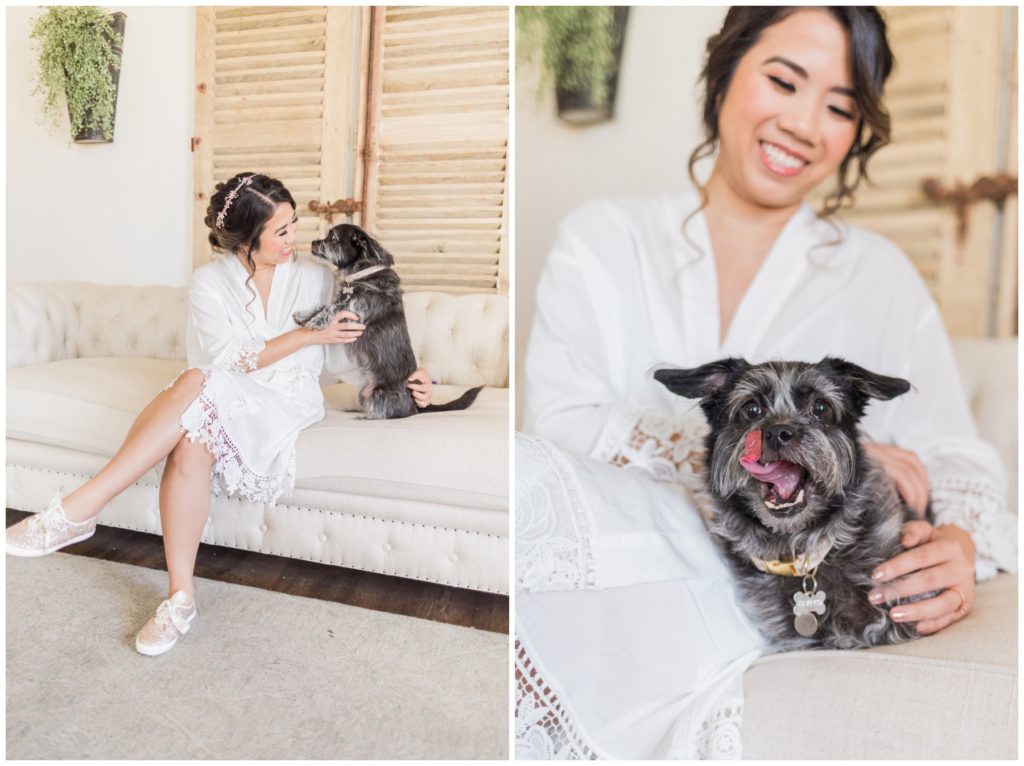 Bride getting dressed with dog