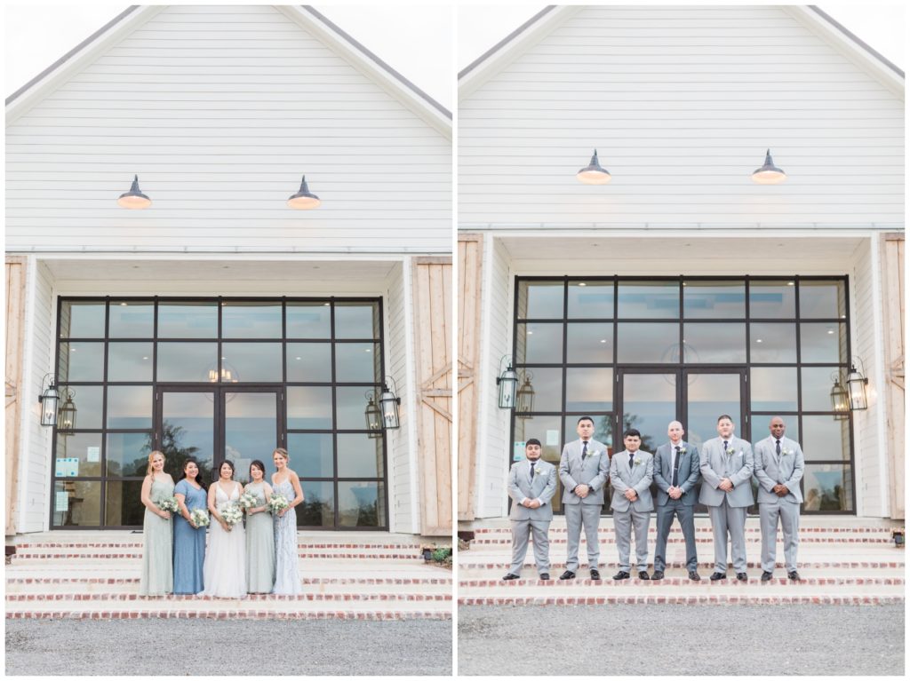 Wedding party photos in front of a wedding barn
