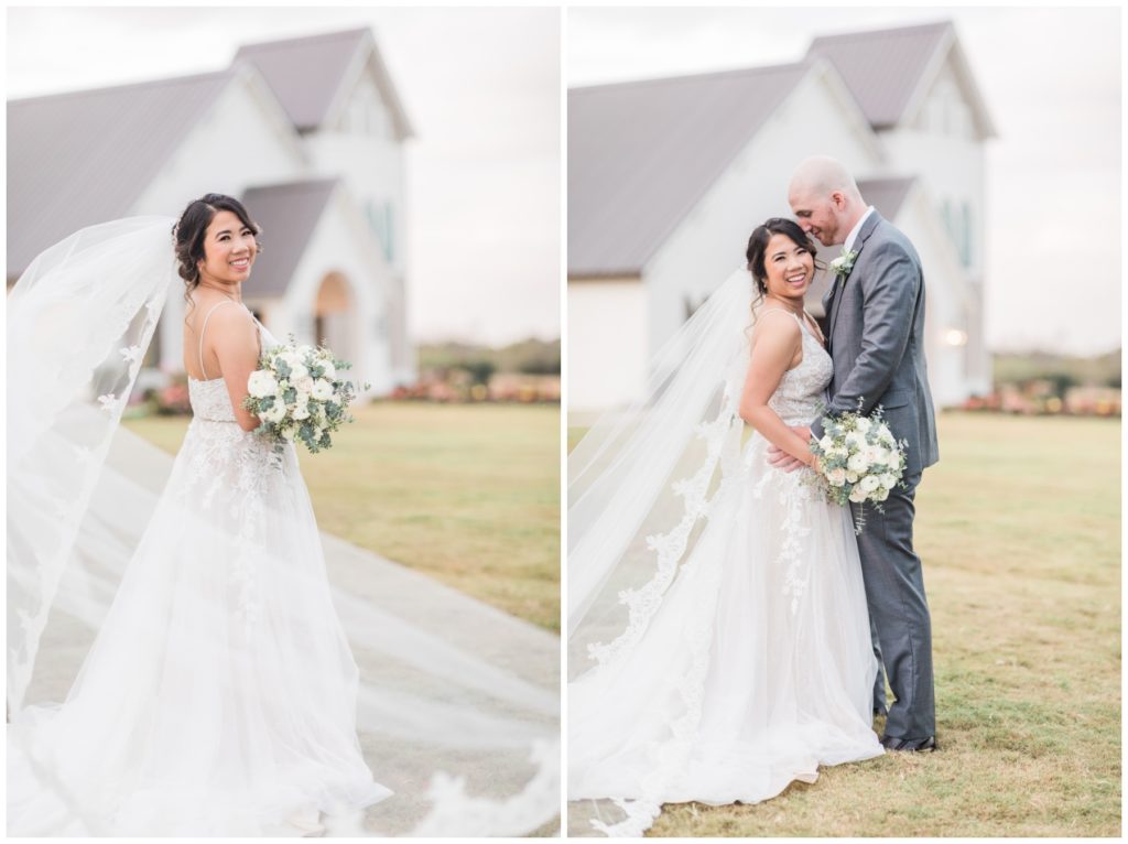 Couple portraits with a flowing veil at a barn wedding