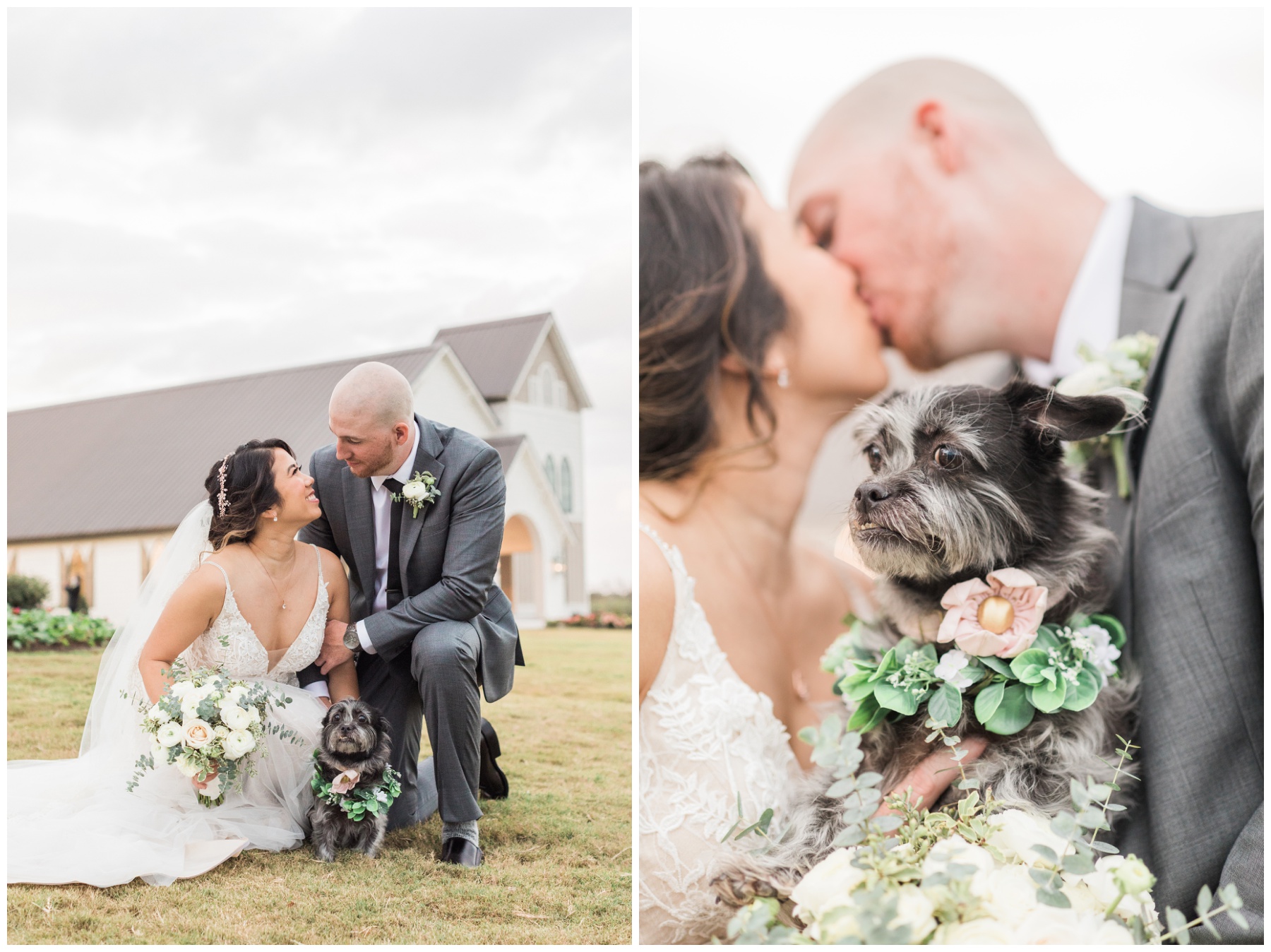 Barn wedding photos with a dog and the couple kissing