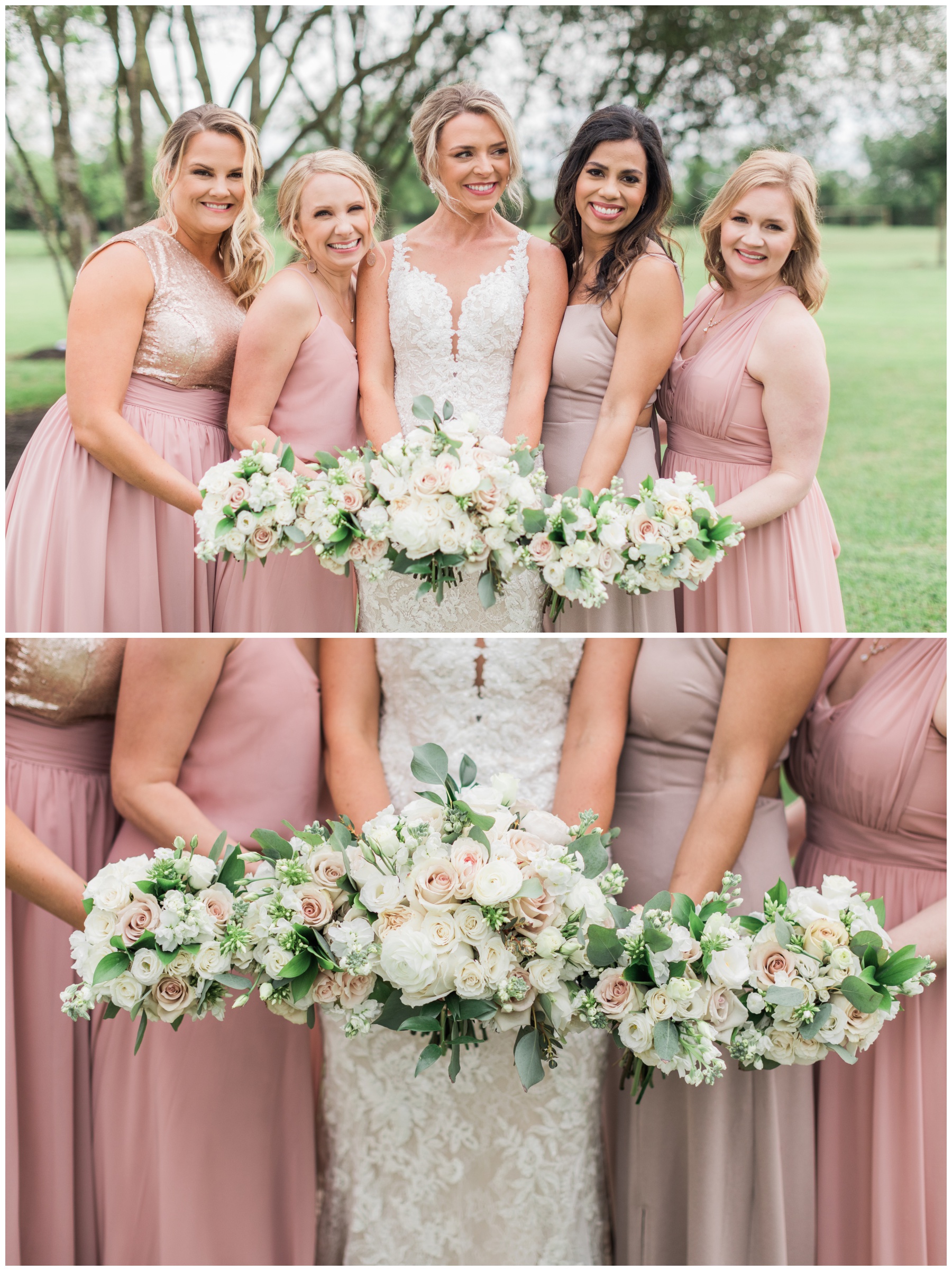 rose and blush chiffon bridesmaid's gowns with white bouquets