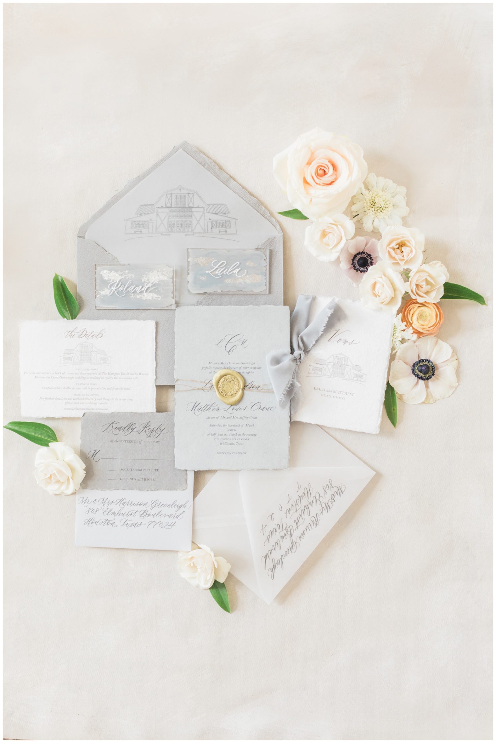 Gray deckle-edge wedding stationery by Yellow Rose Calligraphy