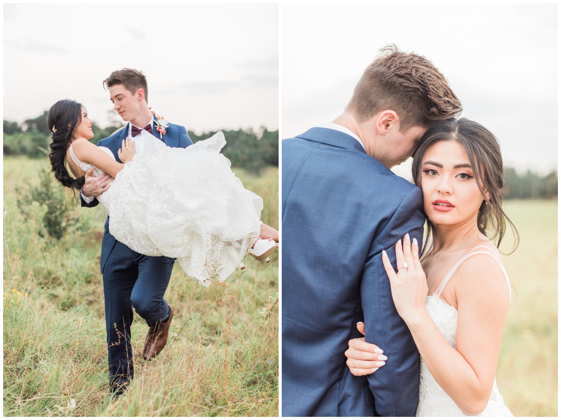 bride and groom portraits in field