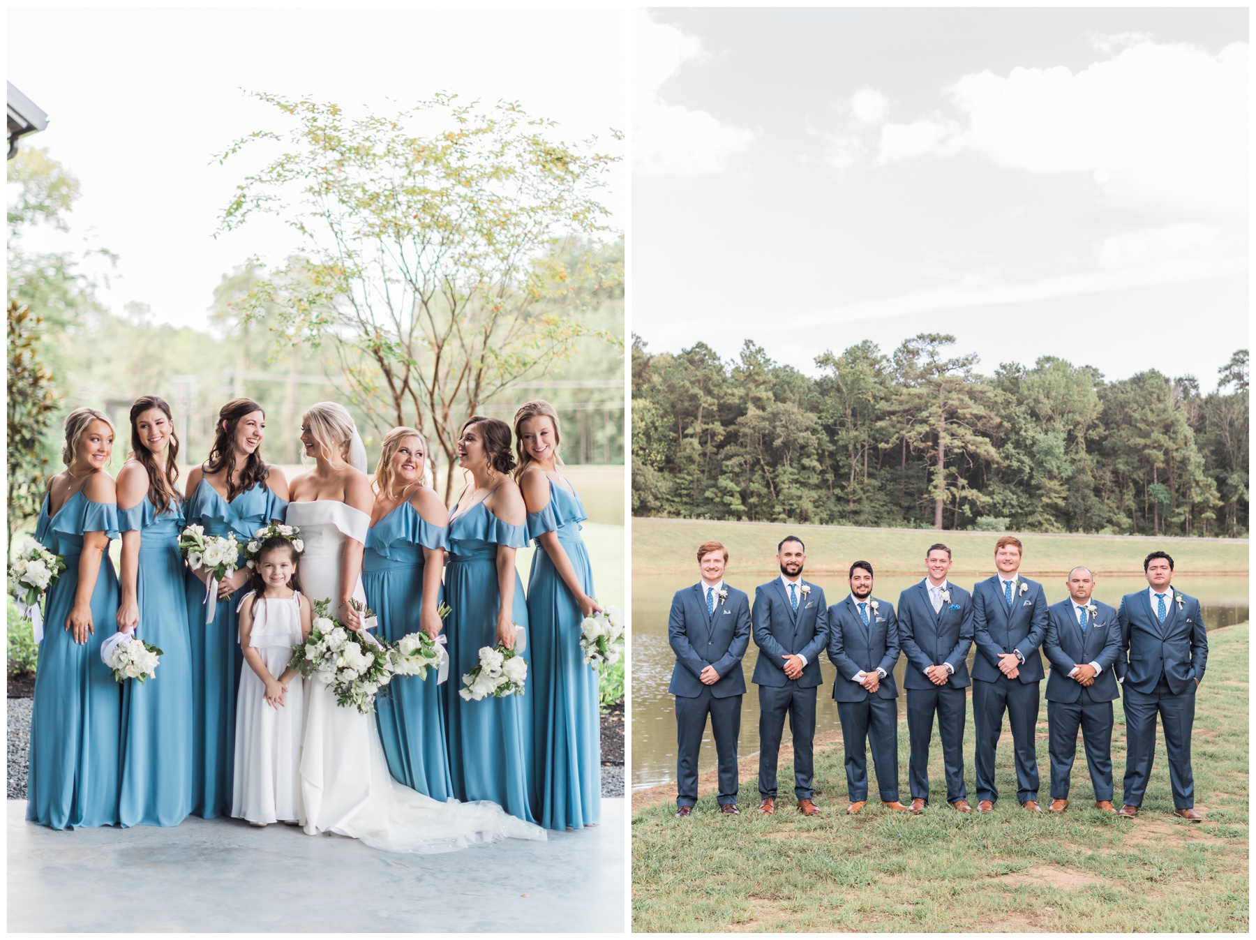Dusty blue bridesmaids dresses and navy suits