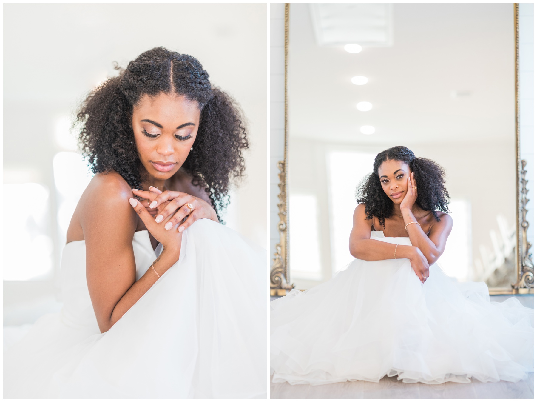 Bride posing in front of a gold floor mirror for her bridal session at Boxwood Manor