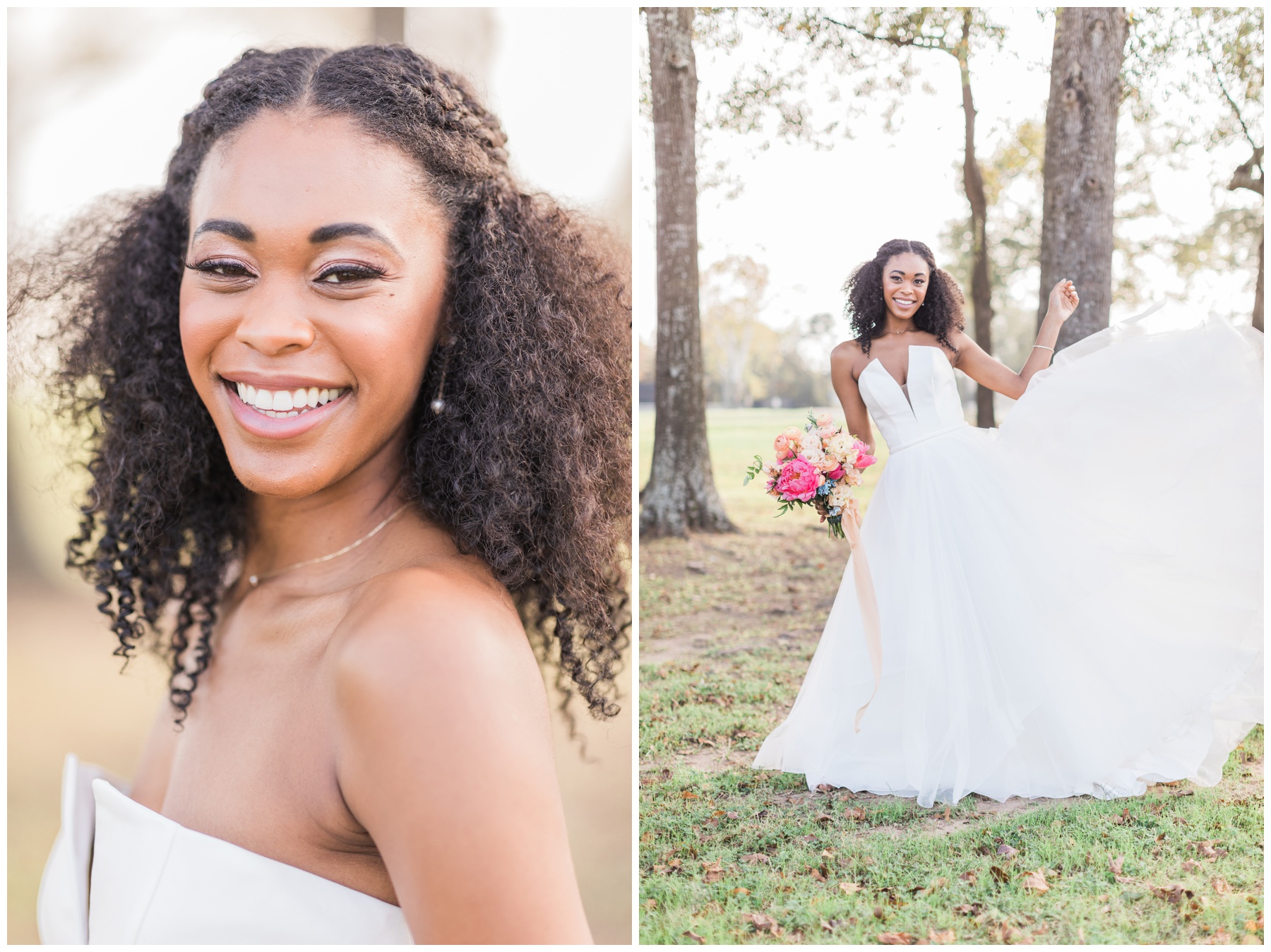 Bride wearing a ball gown with a notched v-neck for her bridal session at Boxwood Manor