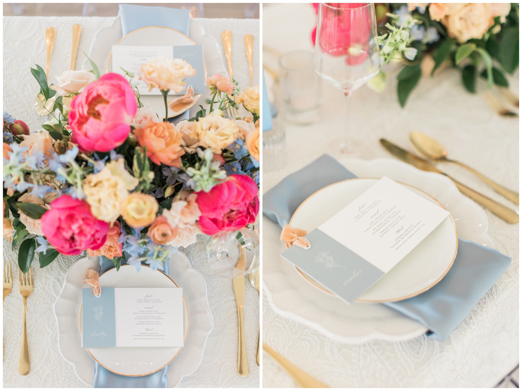 Dusty blue cloth napkins and fuchsia peonies for an indoor wedding reception 