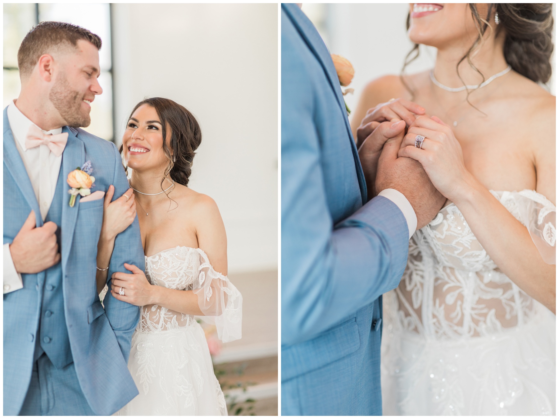Bride in a lace gown with off the shoulder sleeves and a low neckline