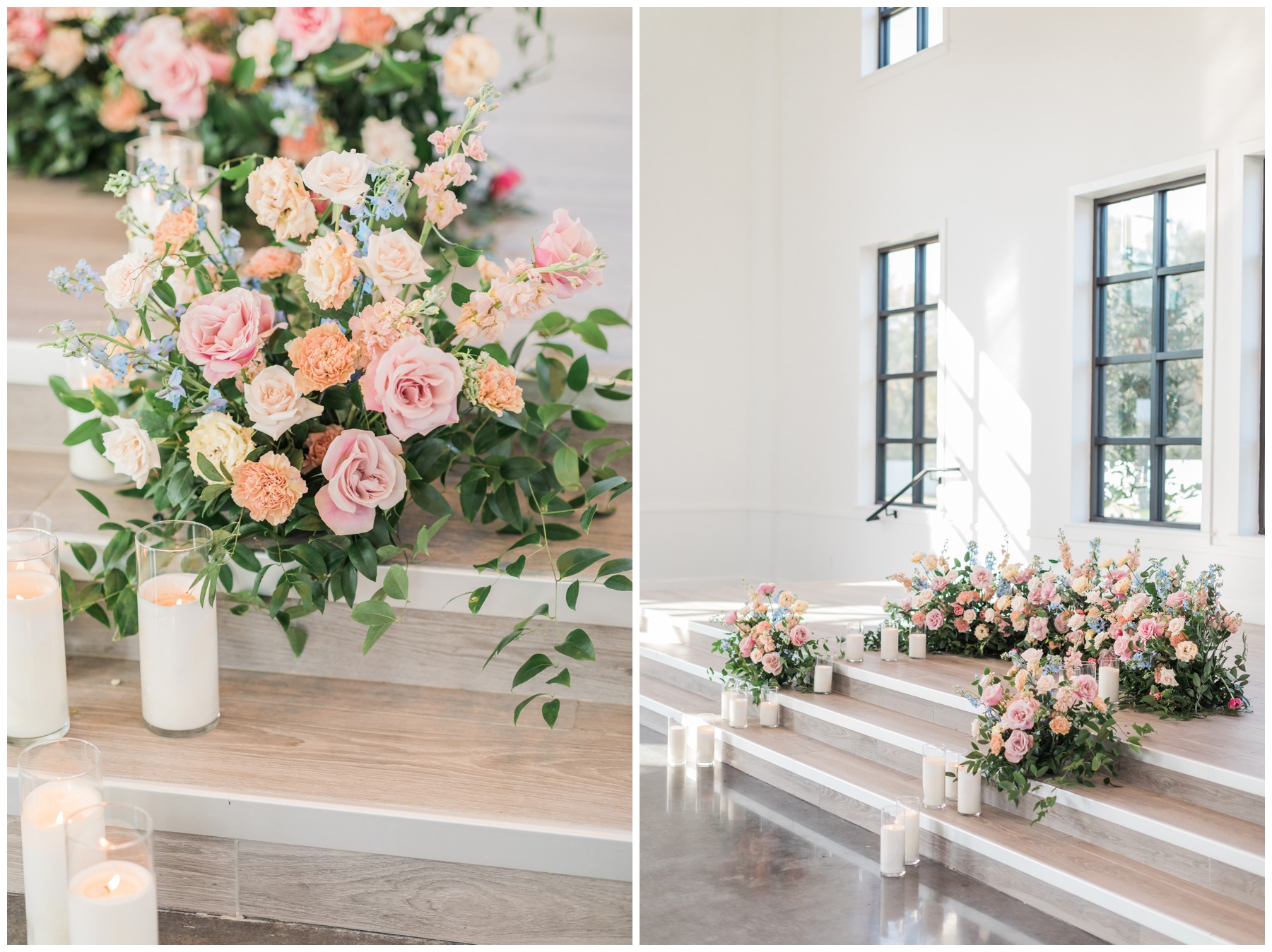 Ivory pillar candles and blush and peach roses for an indoor wedding ceremony