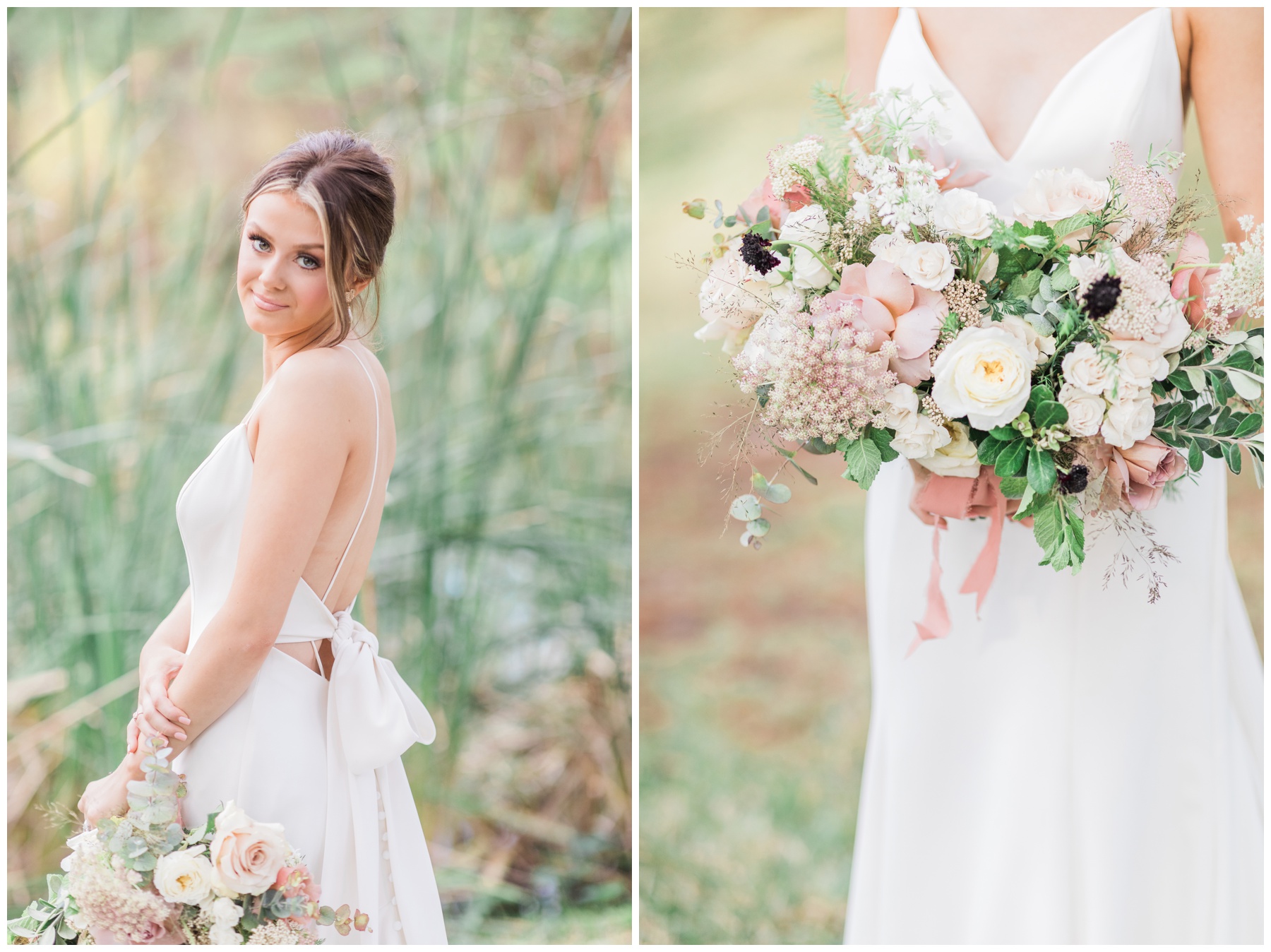 Bride holding a bouquet filled with mauve roses, chocolate cosmos, and wildflowers