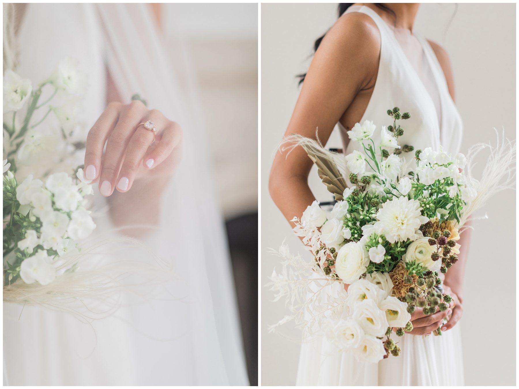 Neutral bridal bouquet with white flowers and tan textured details