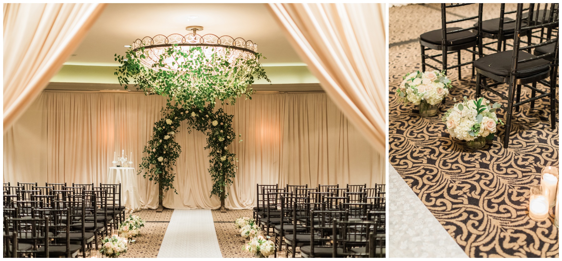 Archway with greenery and white flowers by Laurel Event Design
