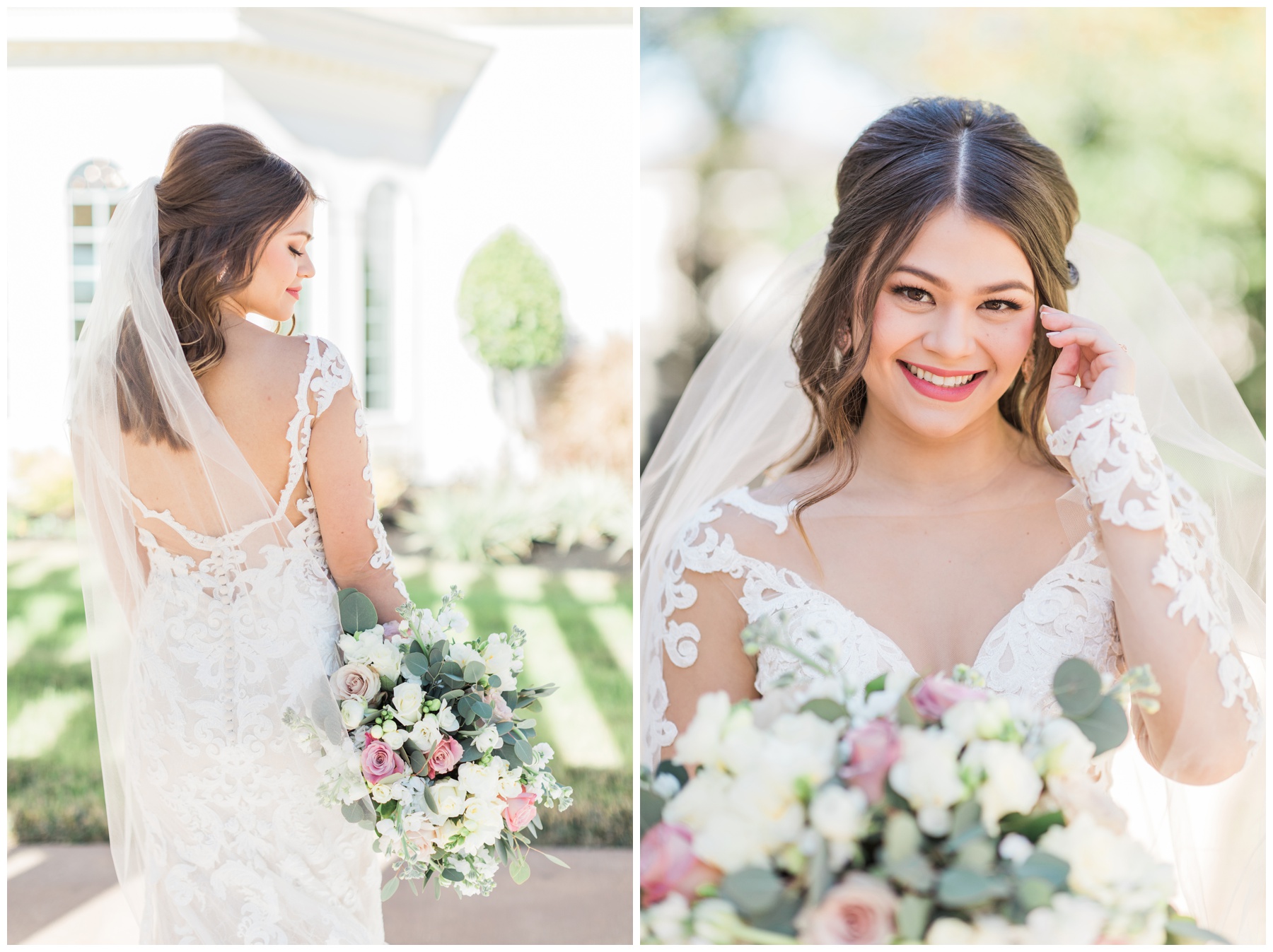Bride holding a bouquet filled with pink and cream roses and eucalyptus