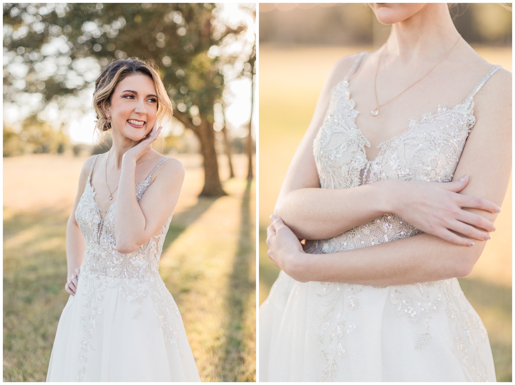 Bride in a tulle wedding gown featuring a glittery skirt and a beaded bodice