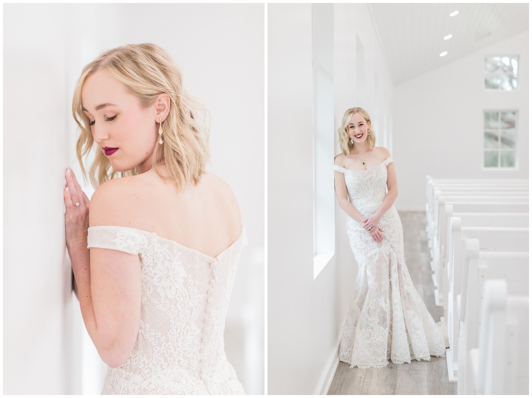 Bride in an off-the-shoulder lace gown for her bridal session at Addison Woods