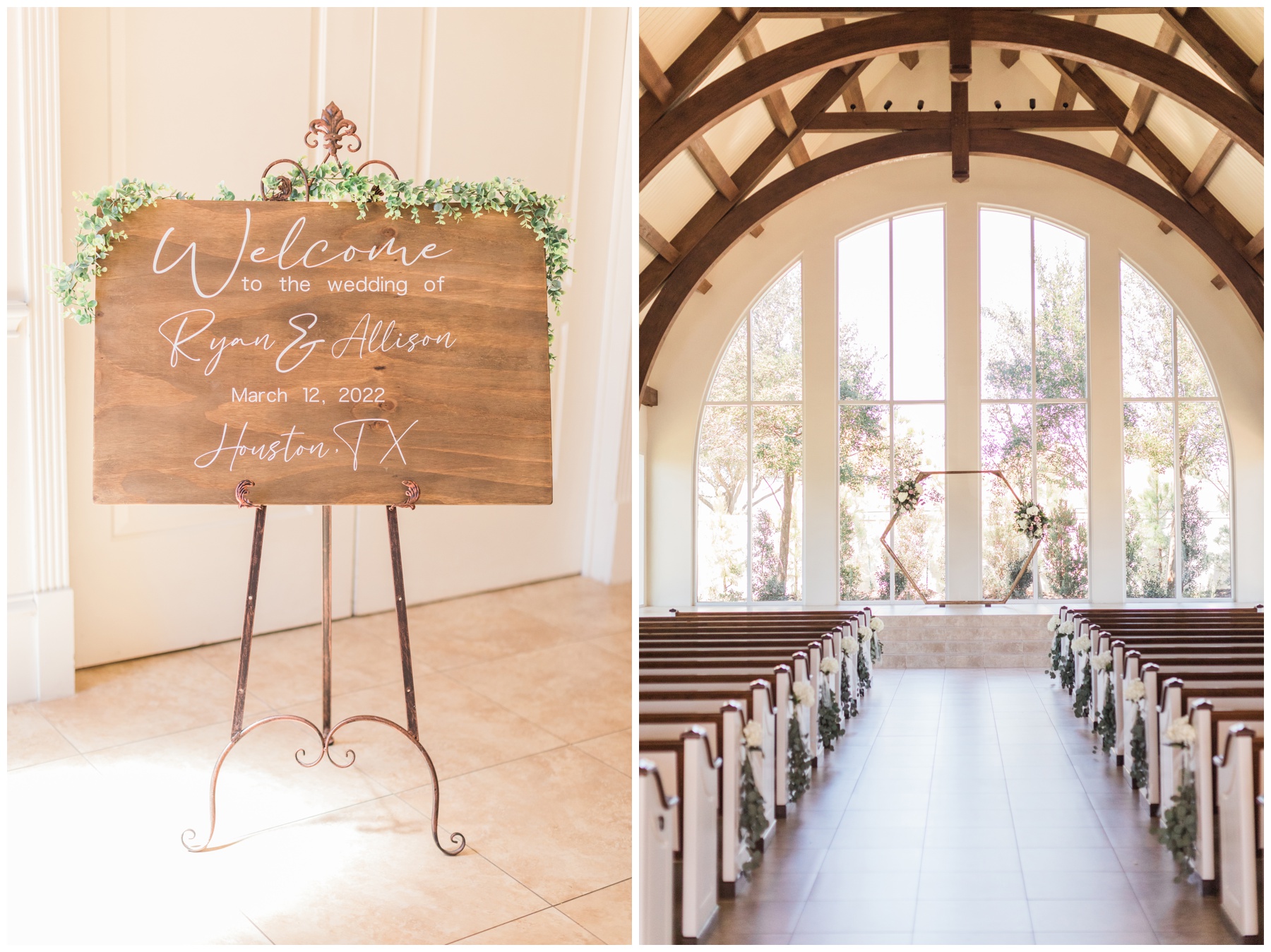 Wooden hexagon arch and pink and white florals for an indoor wedding ceremony