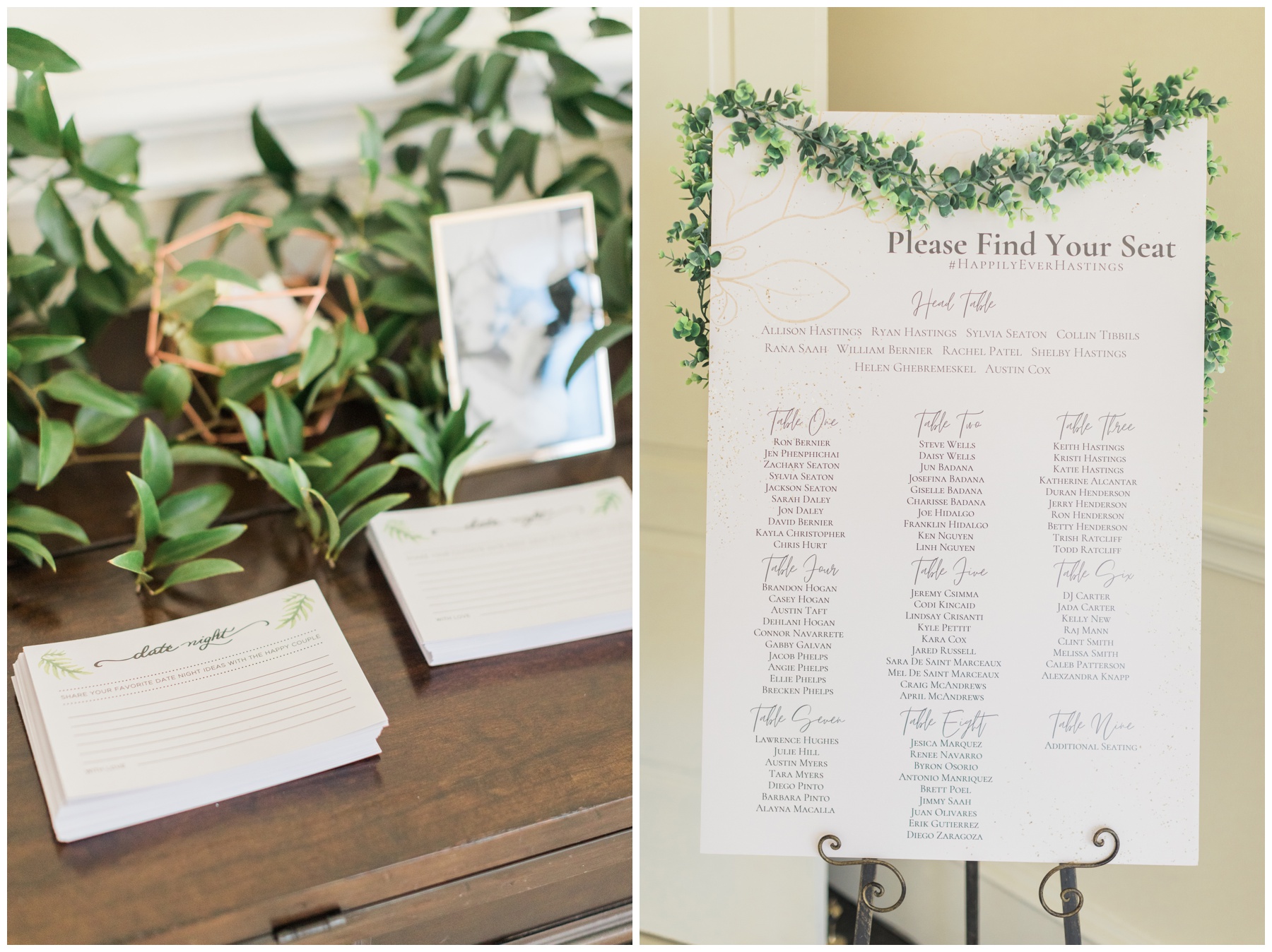 Greenery and gold accents for an indoor wedding reception