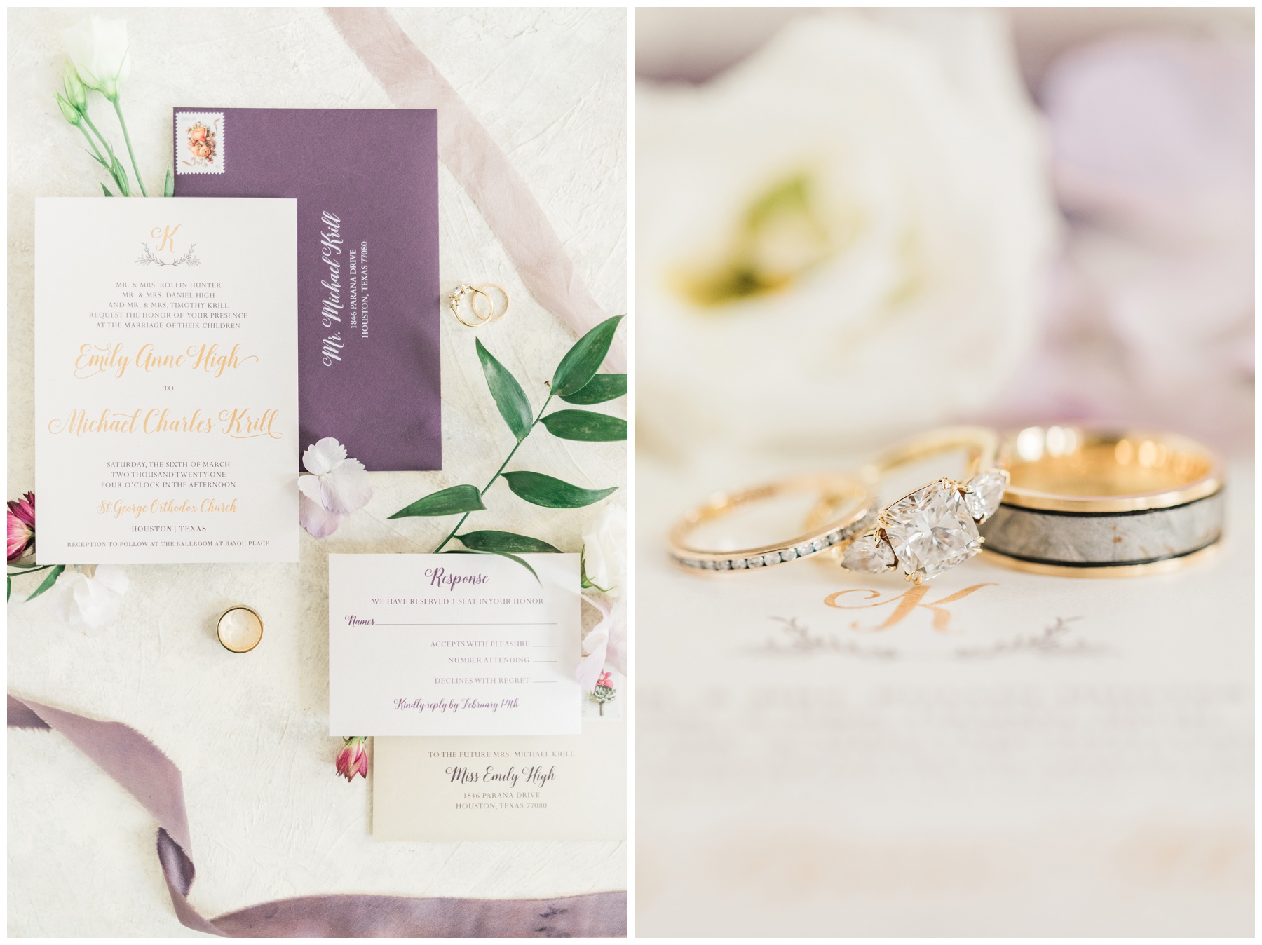 Close-up of a couple's engagement ring and wedding bands on top of their invitation suite