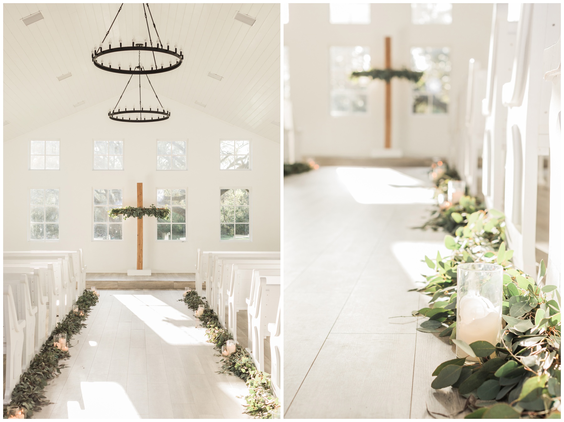 Greenery and white pillar candles for a modern chapel wedding ceremony