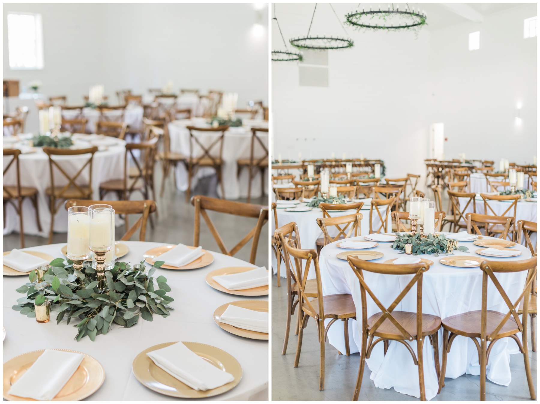 Gold plates, white and gold candles, and a eucalyptus runner for a modern wedding reception