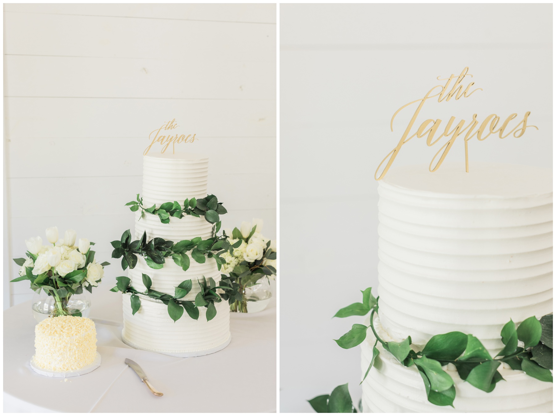 Wedding cake with white ribbed frosting, greenery, and a gold topper with the bride and groom's name