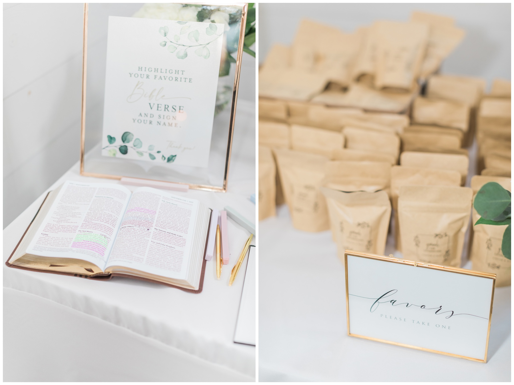 Guest book and favor table with a white linen tablecloth and green and gold accents
