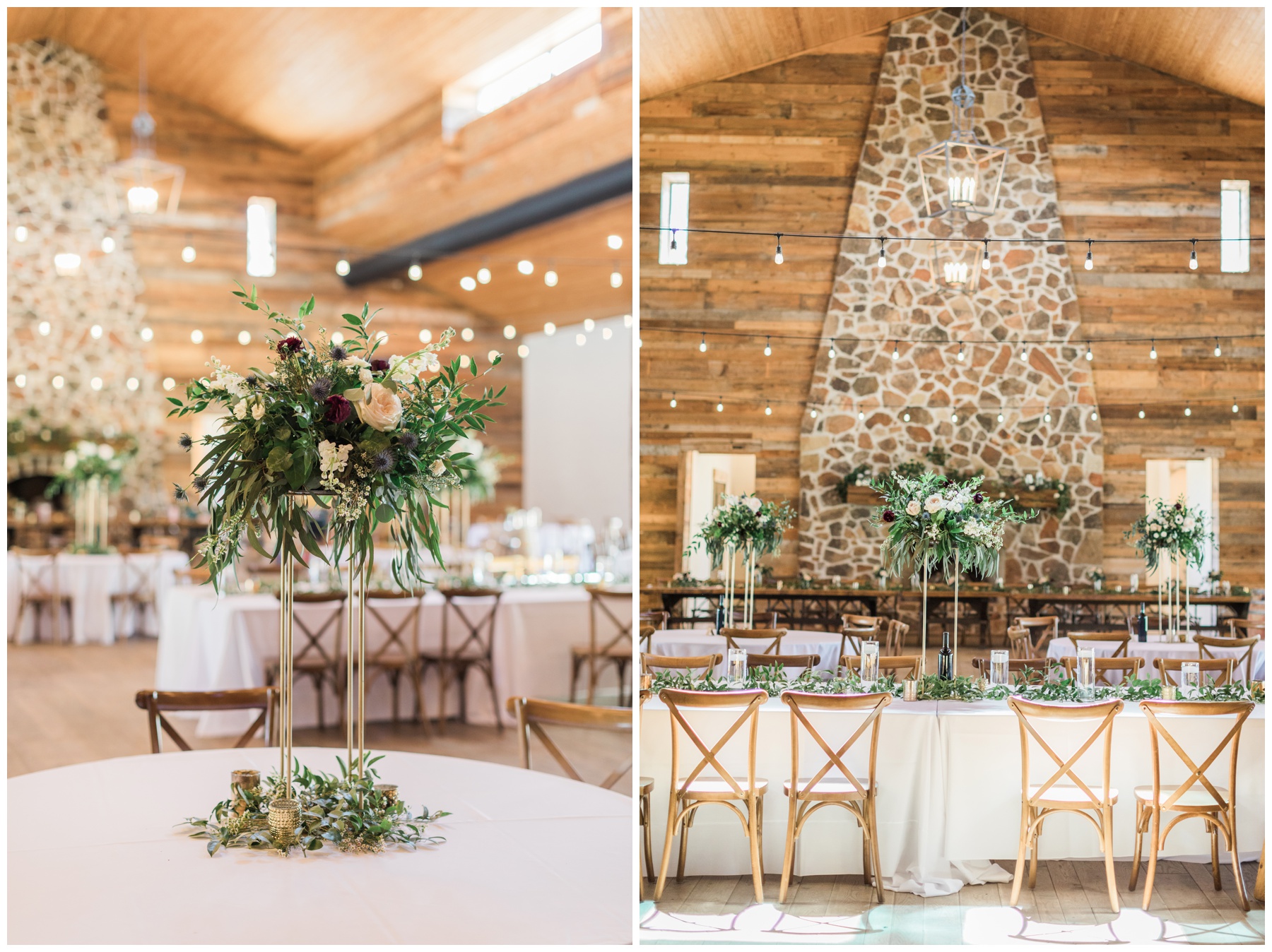 Wooden bistro chairs, cafe lights, and elevated floral centerpieces for a spring wedding reception