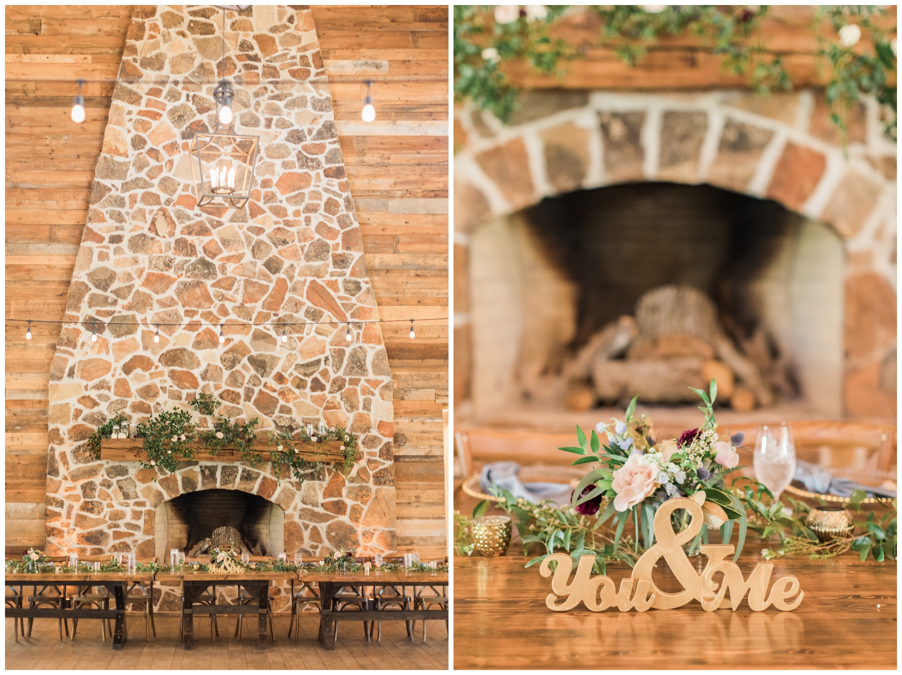 Wooden bistro chairs, cafe lights, and elevated floral centerpieces for a spring wedding reception