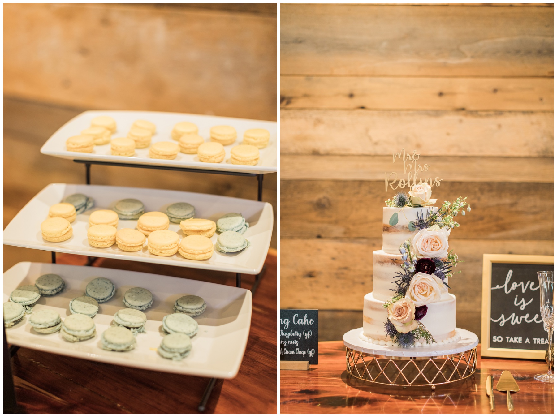 Pastel macarons and a naked cake with pink roses, blue thistle, and a gold topper for a spring wedding reception