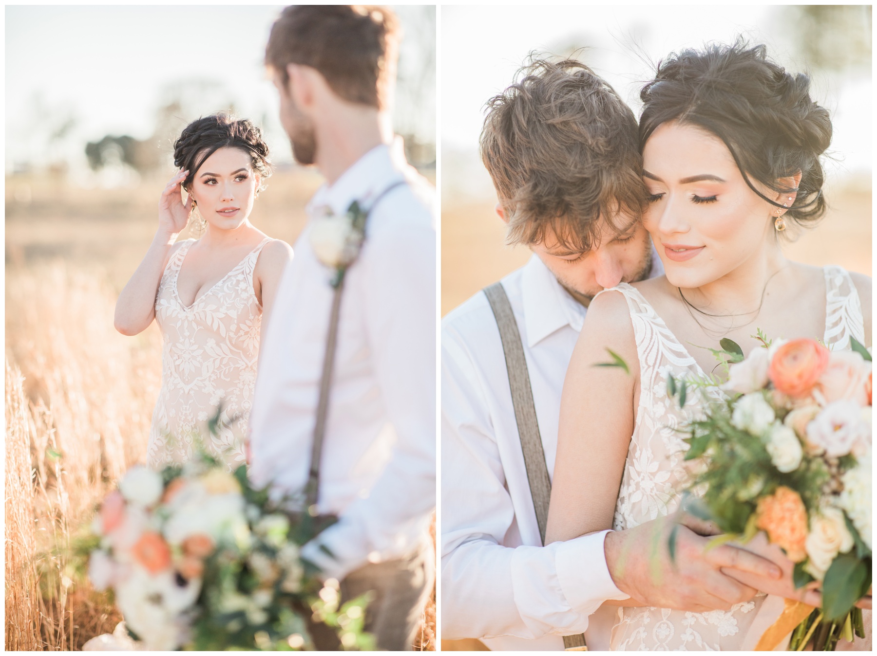 Bride and groom pose for their elopement session at golden hour