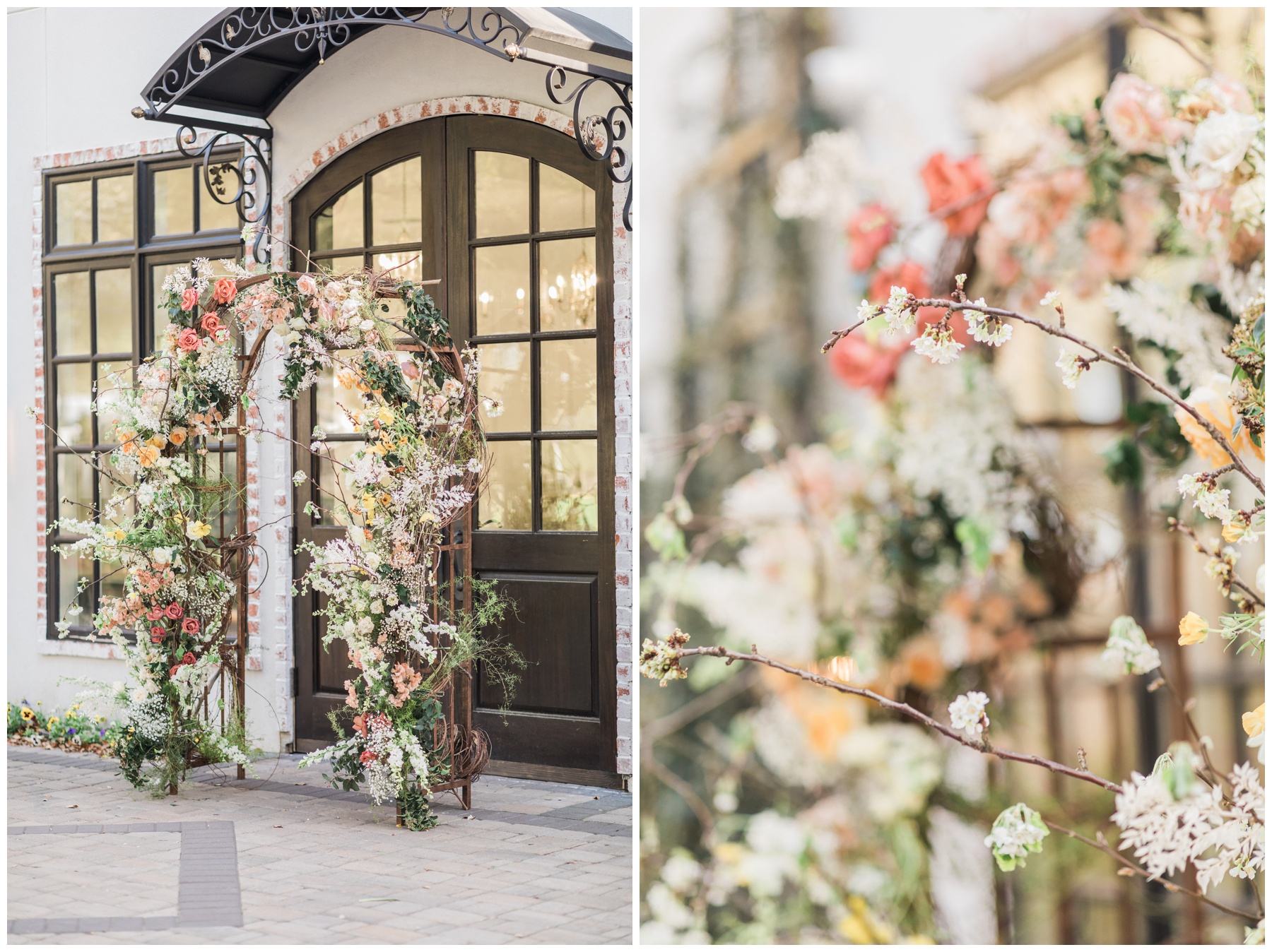 Wooden trellis arch covered with pink and peach roses and baby's breath for a spring wedding