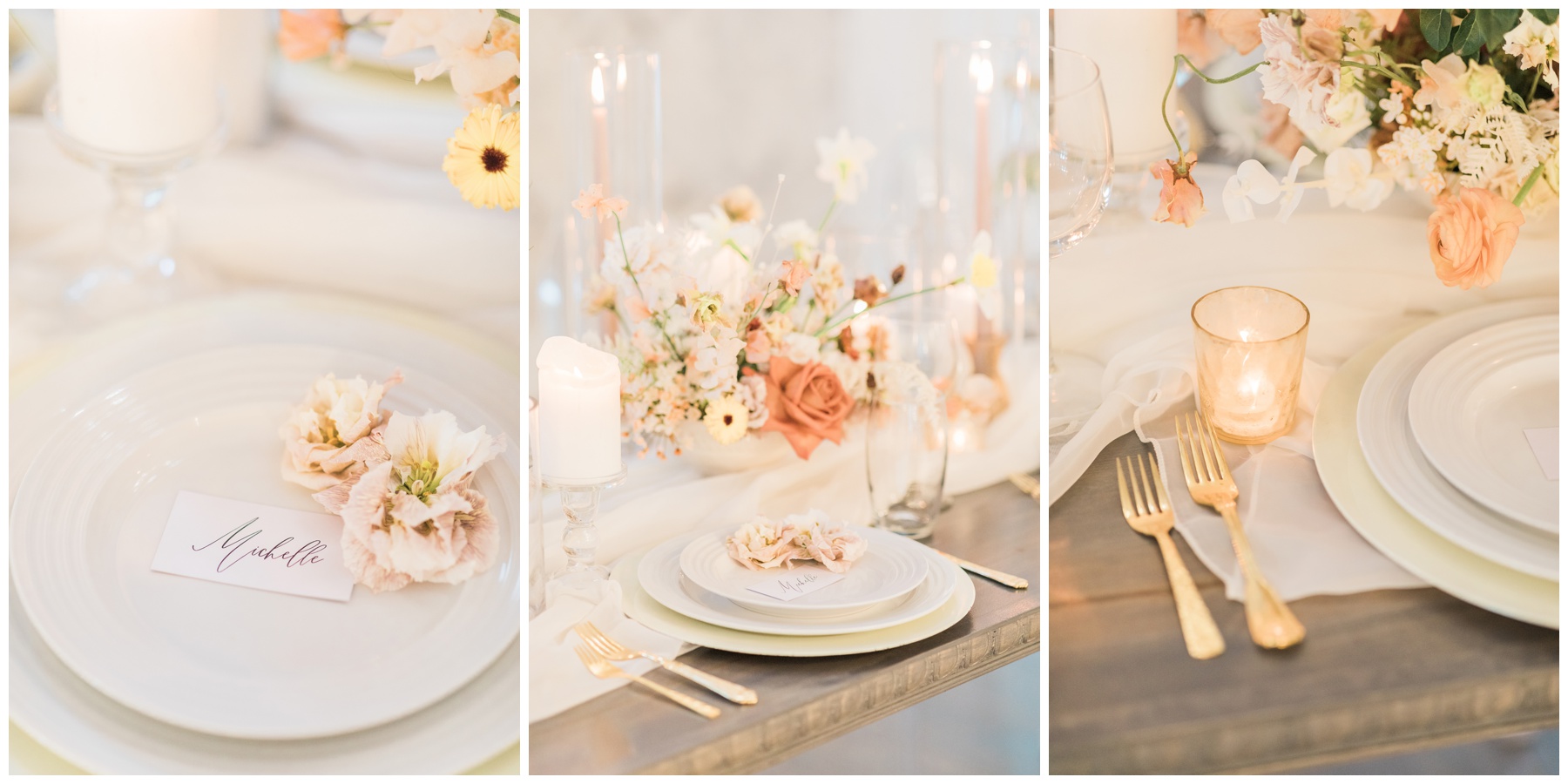 Blush taper candles, peach florals, white linens, and gold cutlery for a spring wedding reception