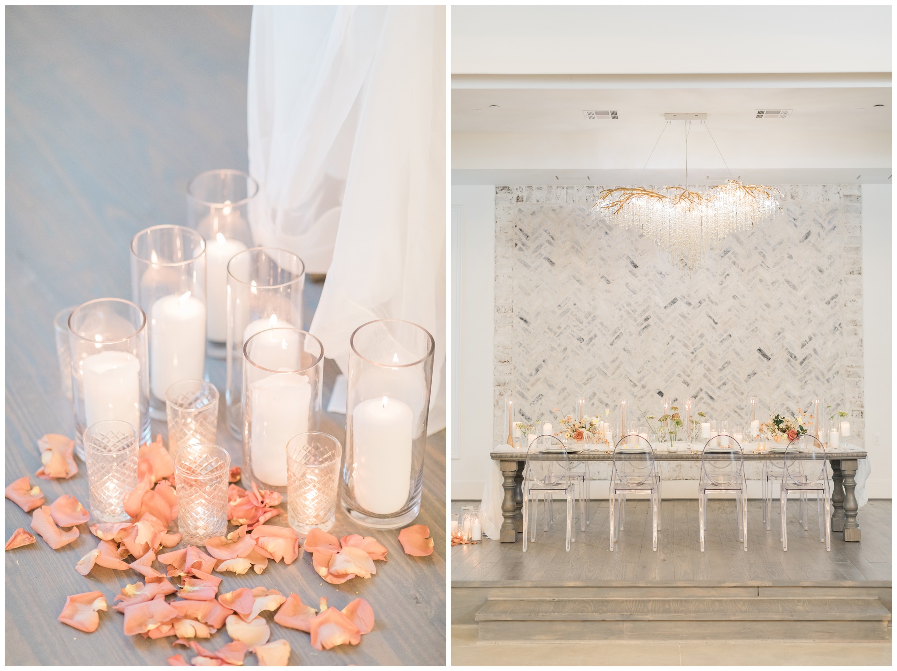 Blush taper candles, peach florals, white linens, and gold cutlery for a spring wedding reception