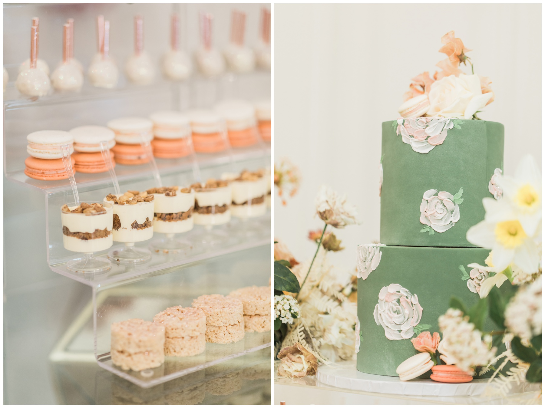 Spring wedding cake from Alchemy Bake Lab with sage green fondant, blush roses, and pink macarons