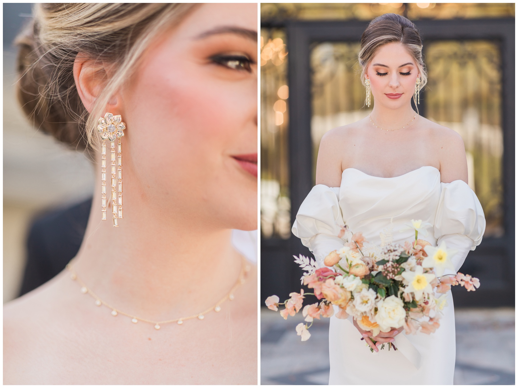 Bride in a satin off-the-shoulder puff sleeve bridal gown from Brickhouse Bridal