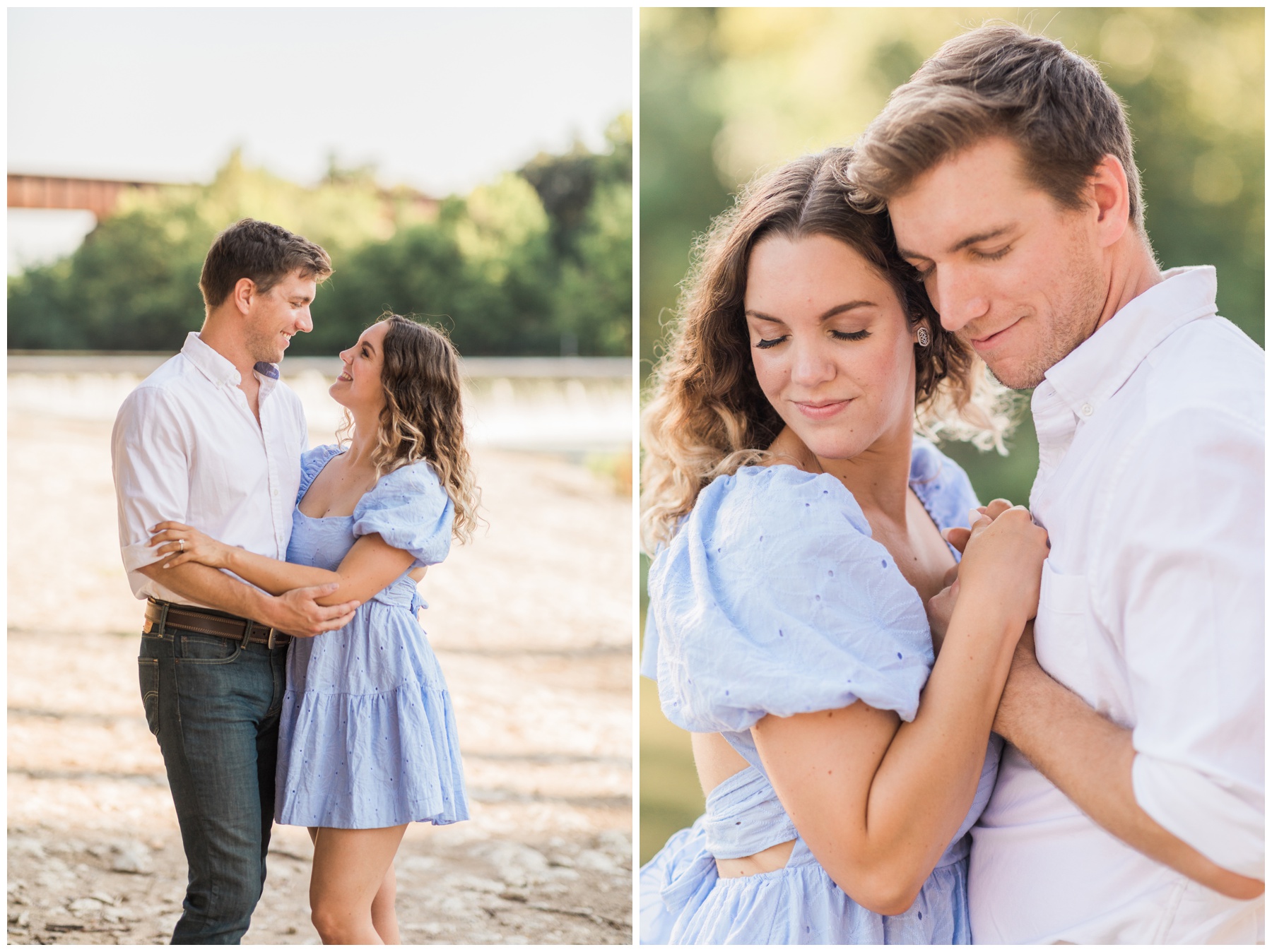Bride wearing a blue eyelet mini dress for her engagement session