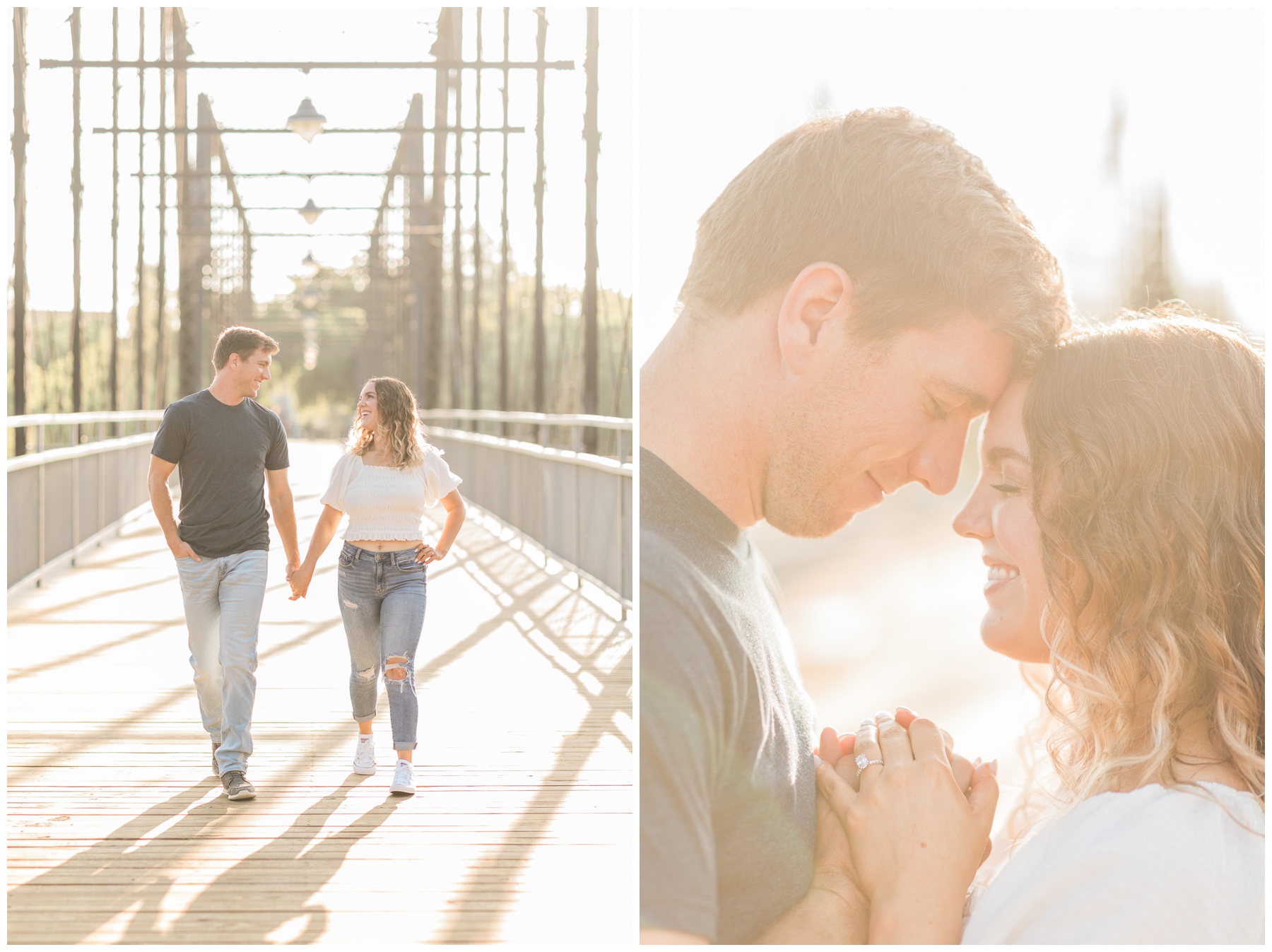 Couple posing on Faust Street Bridge for their engagement session