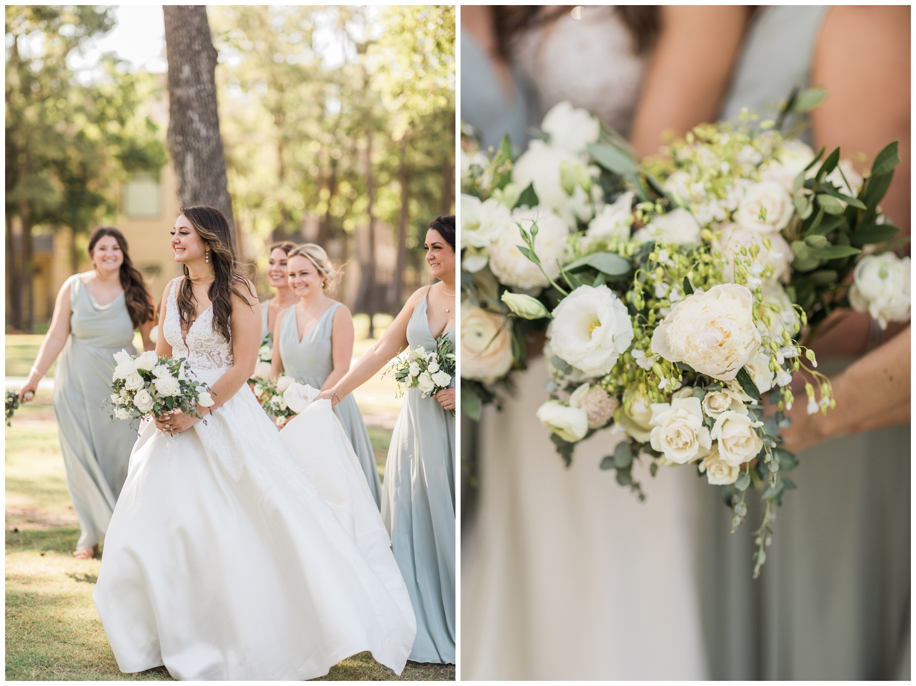 A bridal bouquet filled with white roses and blush peonies from Amanda Bee Floral Design