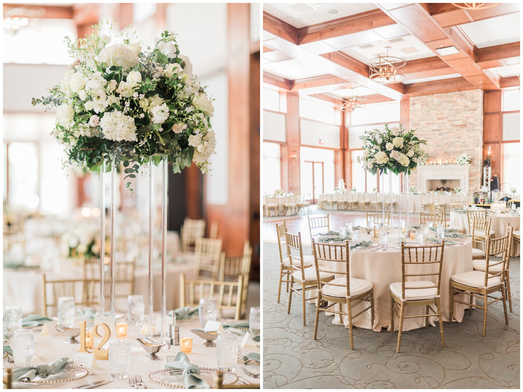 White and blush florals, sage napkins, and gold details for a classic wedding reception