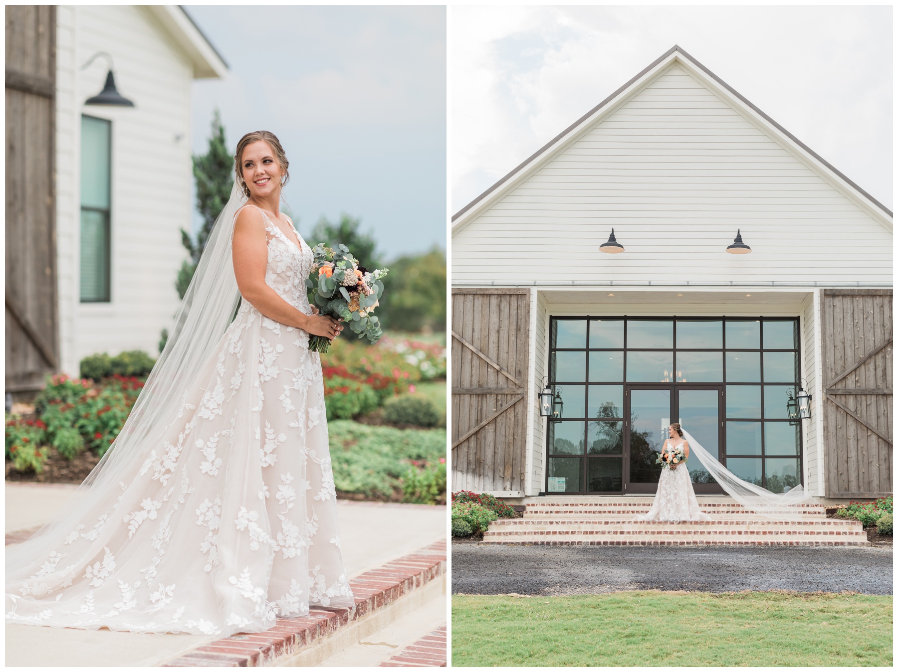Bride posing in front of the barn at Deep in the Heart Farms