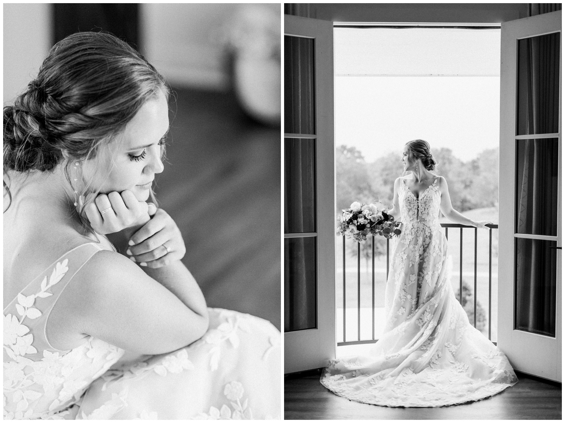 Bride in a floral lace wedding gown with a sweetheart neckline