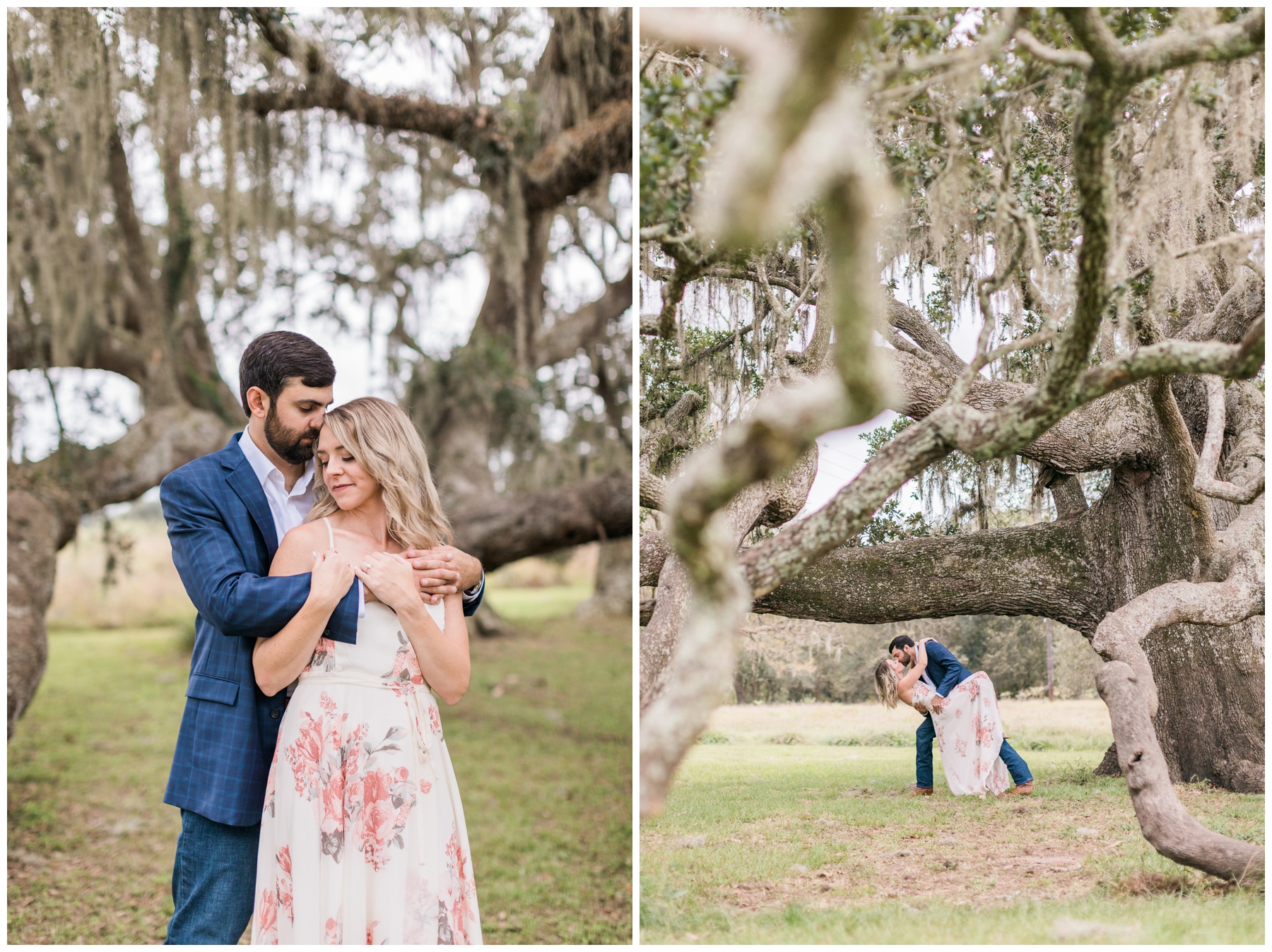 Bride wearing a pink floral dress for her engagement session