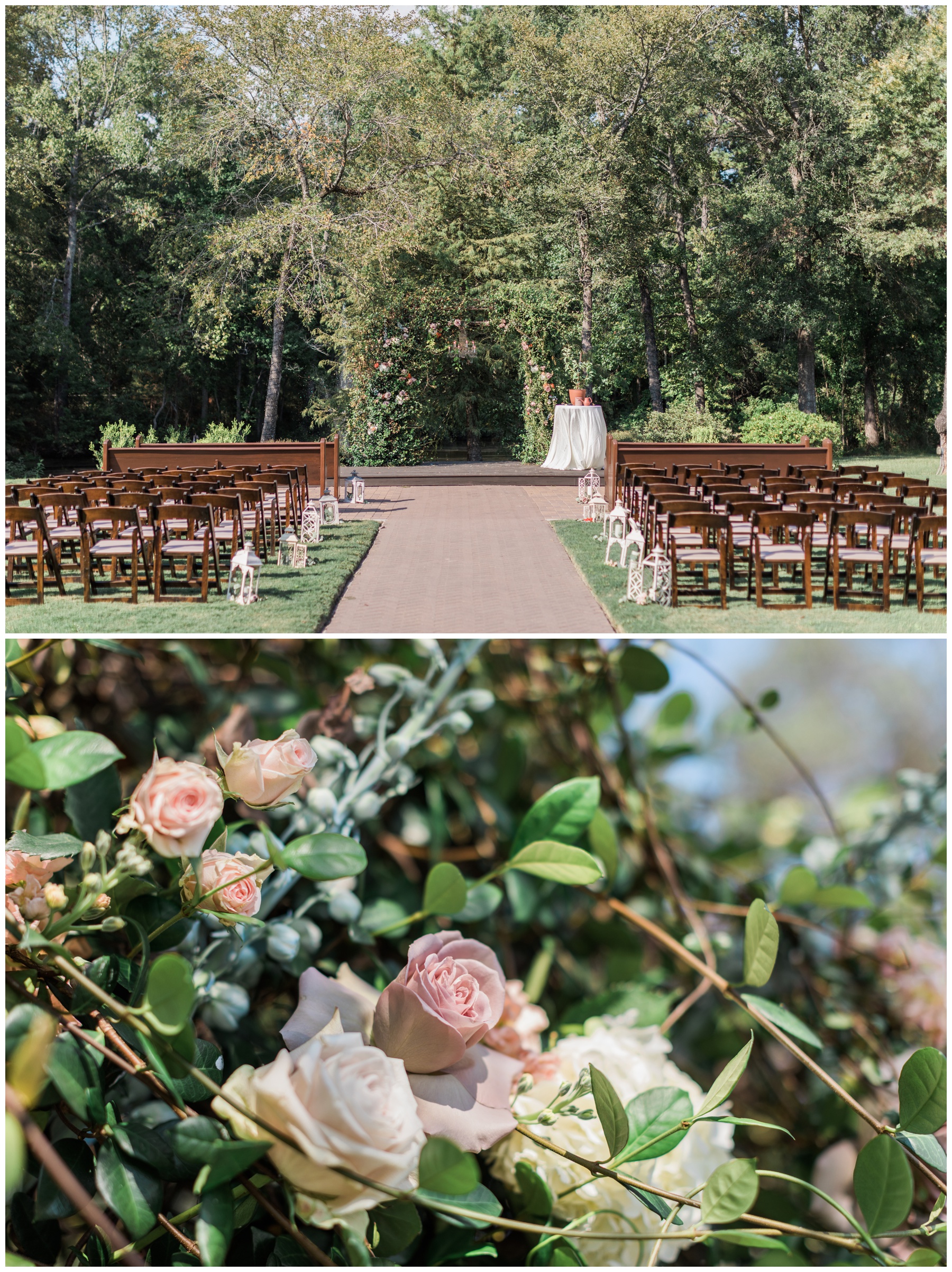 A ceremony arch covered in greenery with blush and lavender roses by Sommer Floral Co.