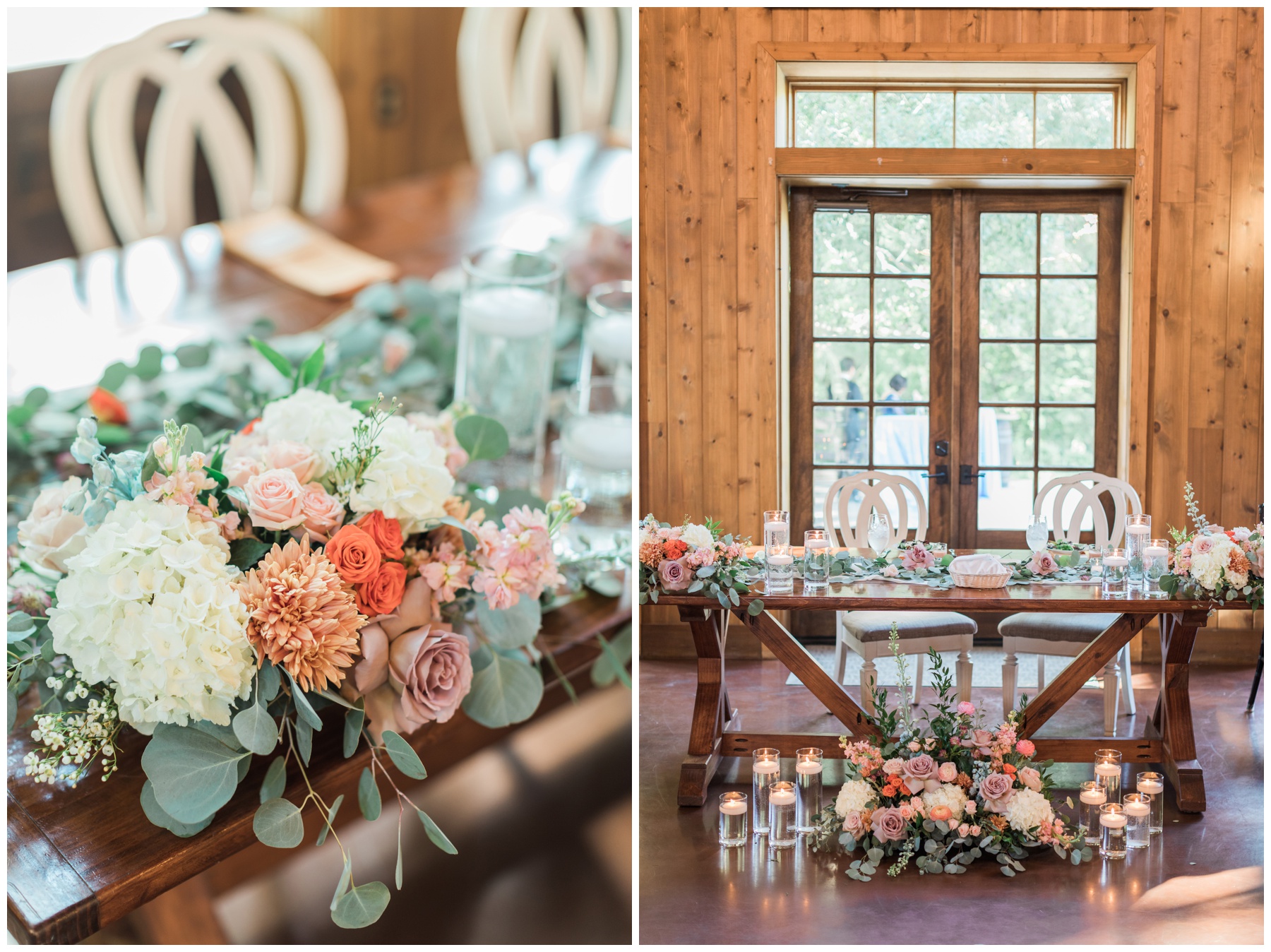 A sweetheart table decorated with an arrangement of roses, hydrangeas, and eucalyptus by Sommer Floral Co.
