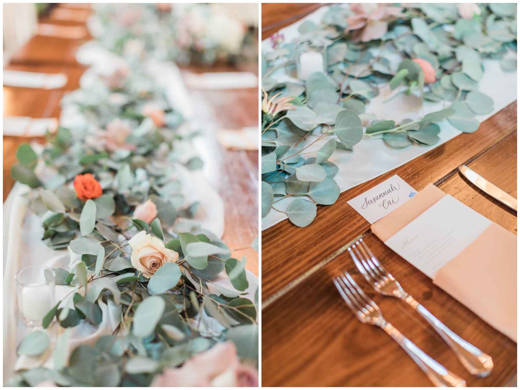 A sweetheart table decorated with an arrangement of roses, hydrangeas, and eucalyptus by Sommer Floral Co.